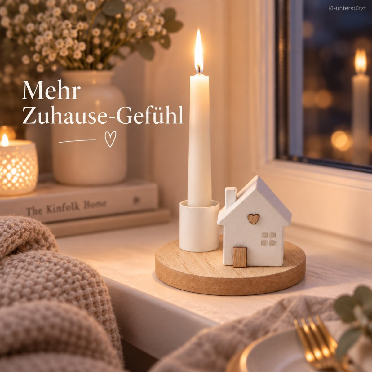 Porzellanhäuschen mit Herz und brennender Kerze auf Holztablett – Mehr Zuhause-Gefühl
